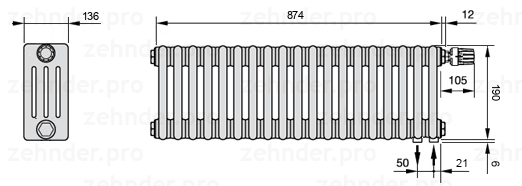 Схема (чертеж) Радиатор Zehnder Charleston 4019/19 №V002 Белый глянцевый RAL 9016